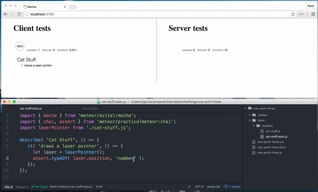 Example of running and breaking our tests in Meteor 1.3.