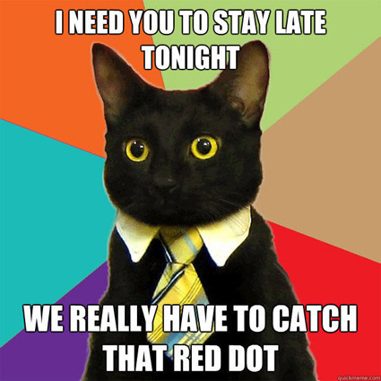 Business cat meme about having to stay late at work to catch the red dot.
